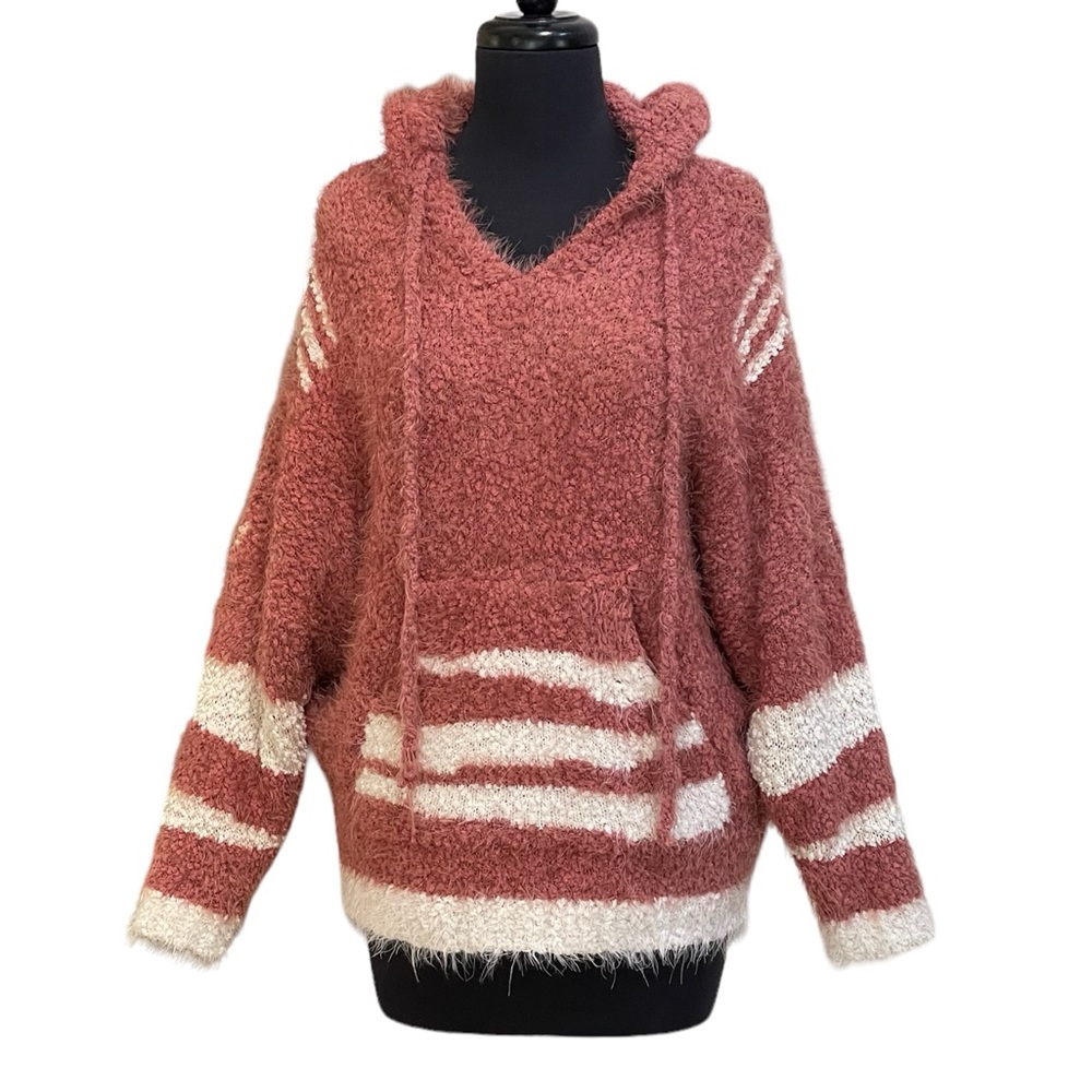 POL Oversized Fuzzy Rust White Colors Sweater Hoodie Sz S Front Pocket Soft